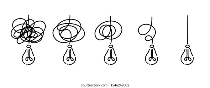 Simplifying the complex, confusion clarity or path. Vector idea concept with lightbulbs doodle illustration
