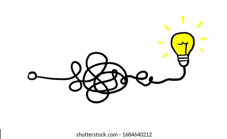 Simplifying the complex, confusion clarity or path vector idea concept with lightbulbs doodle illustration