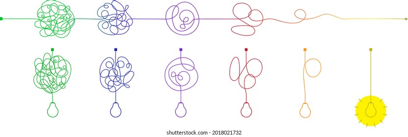 Simplifying the complex, confusion clarity or path vector idea concept with lightbulbs. Simplification streamlining process, straight and curve vector illustration