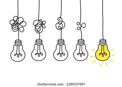 Simplifying the complex, confusion clarity or path vector idea concept with lightbulbs doodle illustration. Vector illustration