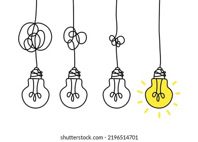 Simplifying the complex, confusion clarity or path vector idea concept with lightbulbs doodle illustration. Vector illustration