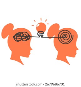 Simplifying the complex, confusion clarity or path. vector idea concept with light bulbs doodle illustration