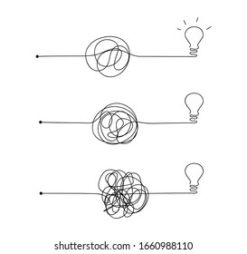 Simplifying the complex path with messy line symbol, concept of idea. Doodle hand drawn light bulb icon. Straight and curve lines vector illustration