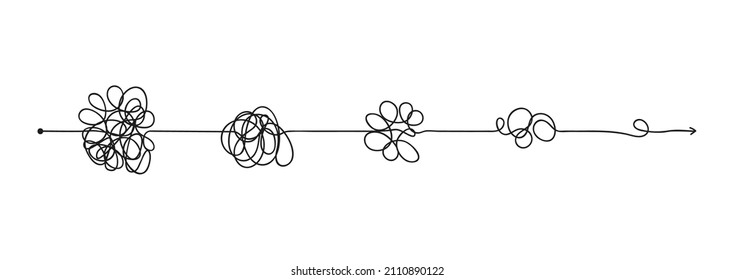 Simplifying complex problem concept, untangling chaotic arrow line. Simplification process, finding solution, tangled path with knots vector. Messy thoughts management and ideas clarity