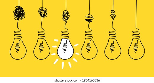 Simplifying Complex Process Concept. Doodle Lightbulb On Yellow Background, Unclear Idea Abstract Curve Drawing. Vector Art