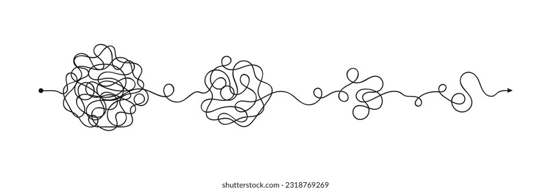 Simplifying complex process, problem solution and idea searching concept. Messy continuous lines in tangles. Process of problem solving and simplifying. Knowledge, creative idea and clarity. Vector