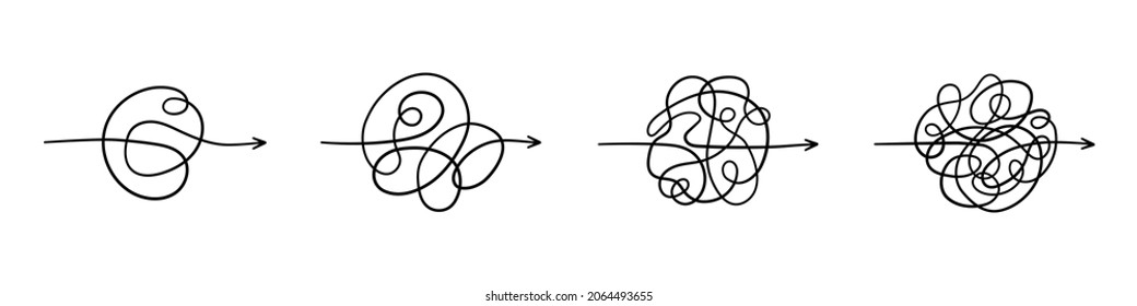 Simplifying process. Chaos path. Different complexity of the business process. Chaos lines with arrows. Hand drawn doodle vector illustration isolated on white background.