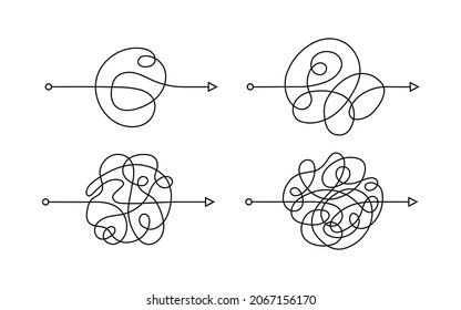 Simplifying process. Scribble chaos lines with arrows. Process of understanding. Difficult way to solve problems in business. Hand drawn doodle vector illustration isolated. Editable stroke.