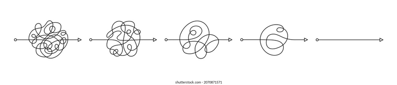 Simplifying process. Understand info step by step. Business solution concept. Chaos lines with arrows. Solving mental problems. Hand drawn doodle vector illustration isolated on white background.