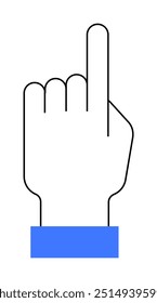 A simplistic artwork of a hand with the index finger raised, outlined in black with a blue cuff. Ideal for user interface elements, pointing or indicating, gestures, minimal designs, signaling action