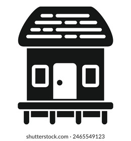 Simplistic black house icon with lines indicating roof shingles and structural supports