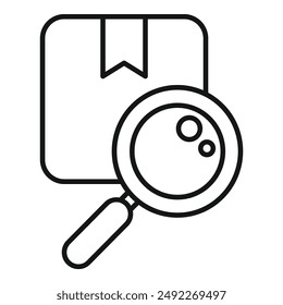 Simplistic black line art illustration featuring a magnifying glass inspecting a parcel