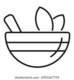 Simplistic black line drawing of a mortar and pestle with herb leaves