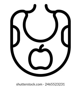 Simplistic black line icon illustration of a baby bib featuring a cute apple motif