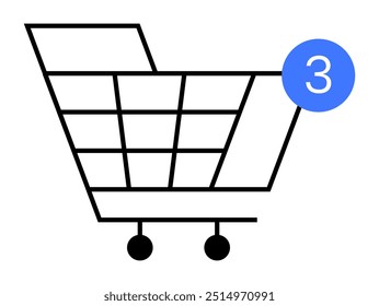 Un contorno negro simplista de un Carrito de compras con un símbolo de notificación azul que muestra el número tres. Ideal para compras en línea, comercio electrónico, Carritos, alertas digitales, gestión minorista. Vector minimalista