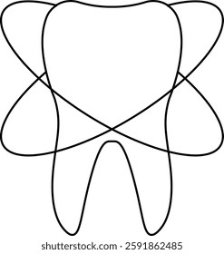 Simplistic Black Outline of a Tooth with Overlapping Rings Symbolizing Dental Care. Minimalist icon of a tooth encased by intersecting rings, expressing dental health and care. Modern and clean design