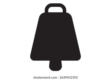 A simplistic black silhouette of a bell on white background
