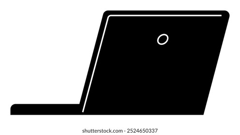 Simplistic black silhouette of an open laptop with a visible webcam on the lid. Ideal for: technology icons, business graphics, digital presentations, educational tools, minimalist designs. Vector art