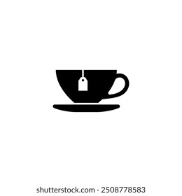 Simplistic black tea cup icon with tea bag on saucer.