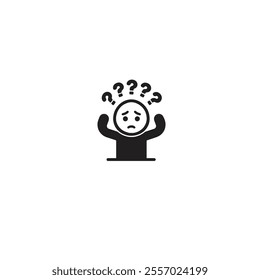 A simplistic black and white confused emoji illustration with question marks above, expressing uncertainty, doubt, or confusion. Perfect for conveying perplexity in communication or design projects.