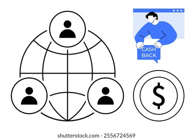 Simplistic black and white diagram displaying global connections between three people. Separate image of man holding cash back sign, and a dollar symbol. Ideal for global business, cashback programs