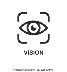 A simplistic black and white graphic depicts an eye within a square bracket outline alongside the word vision