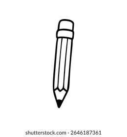 A simplistic, black and white, hand drawn vector illustration depicts a number two pencil, complete with an eraser on the top