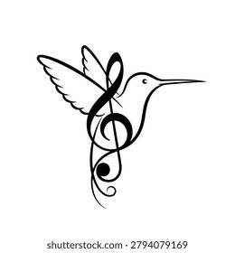 Simplistic black and white hummingbird tattoo design with swirling musical note