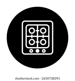 O ícone preto e branco simplista com um fogão top, representando aparelhos de cozinha e cozinha, design limpo