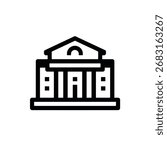 Simplistic black and white icon illustration of a building structure resembling a bank, courthouse, or government building. The icon utilizes bold lines and geometric shapes.