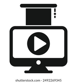 Simplistic black and white icon representing online video streaming on a digital monitor