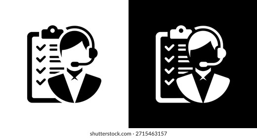 Un ícono simplista en blanco y negro muestra a un hombre con auriculares sosteniendo una lista de verificación. El diseño es adecuado para conceptos de Asistencia al cliente y servicio.