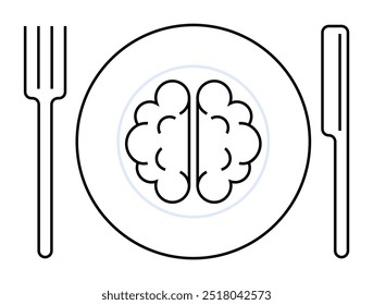 A simplistic black and white illustration of a brain on a dinner plate, flanked by a fork and knife. Ideal for healthy mind, nutrition, mental health, education, cognitive enhancement. Clean lines, mi