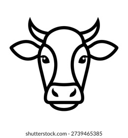 Simplistic black and white illustration of a cow's face with prominent horns and gentle eyes isolated on a plain background for versatility in design projects