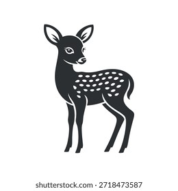 a simplistic black and white illustration depicts a young deer standing in profile with visible spots on its coat and slender legs