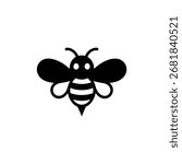 A simplistic black and white illustration showcases a bee with defined wings, antennae, a segmented body, and a sharp stinger, creating a crisp and clean design.