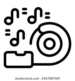 Simplistic black and white line art icon of a vinyl record and musical notes, depicting audio entertainment