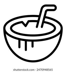 Simplistic black and white line drawing of a refreshing coconut drink with a straw