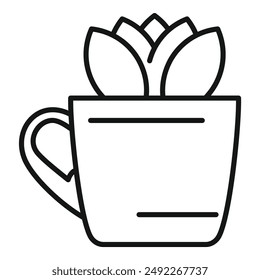 Simplistic black and white line drawing of a tea cup with a floral design