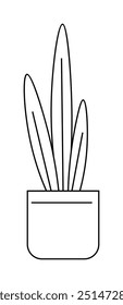 A simplistic black and white line drawing of a potted plant with long, slender leaves. Ideal for botanical themes, minimalism, interior decor, gardening, and vector art. Clean lines and simple form