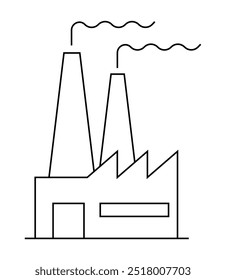 A simplistic black and white line drawing of a factory featuring two chimneys emitting smoke. Ideal for themes such as industry, manufacturing, pollution, production, and sustainability. Modern