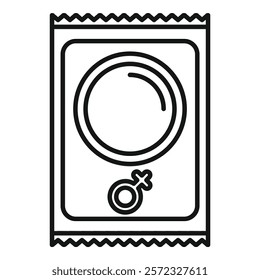 Simplistic black and white line icon of a condom in a wrapper, suitable for health topics