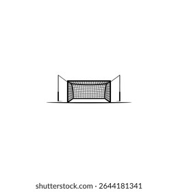 A simplistic black and white vector graphic illustration showcases a soccer goal with its net, posts, and supporting poles, placed against a clean white background.