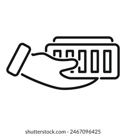 Simplistic black and white vector icon of a hand holding a credit card, suitable for financial design