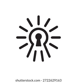 Simplistic black and white vector illustration of a keyhole surrounded by rays of light representing insight knowledge and opportunity