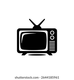 Simplistic, black-and-white illustration featuring a vintage analog television set. The design shows a screen, antenna, buttons, and detailing on a white background.