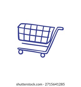 Un dibujo de línea azul simplista de un Carrito de compras sobre un fondo blanco
