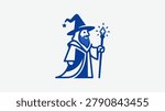 Simplistic blue line drawing of a wizard with staff and hat