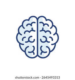A simplistic brain illustration outlined in dark blue and filled with light blue on a stark White Background. Flat style graphic representation.