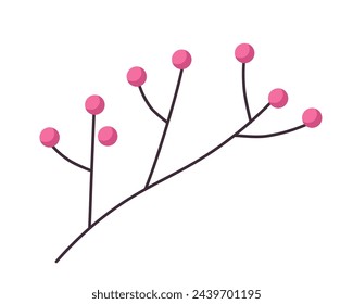 Simplistic branch with round pink berries, flat design vector illustration, isolated on white, suitable for decorative elements and patterns.